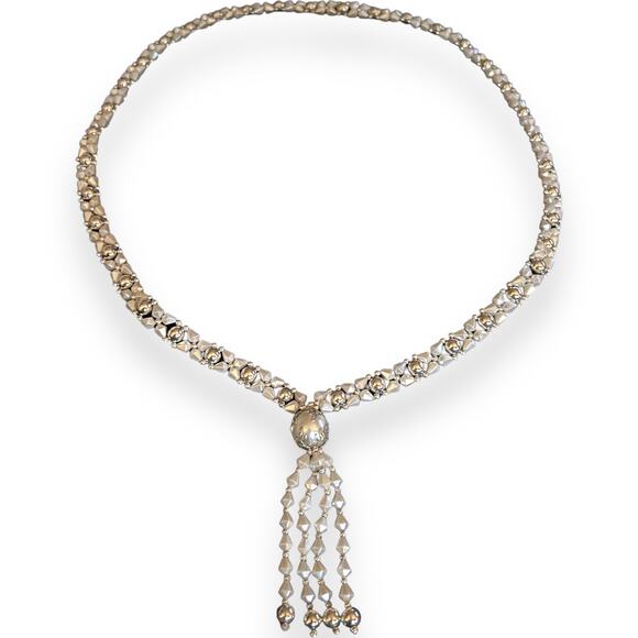 Vintage 80s Silver Beaded Tassel Necklace - White Crystal Drop Statement Piece - Picture 13 of 13